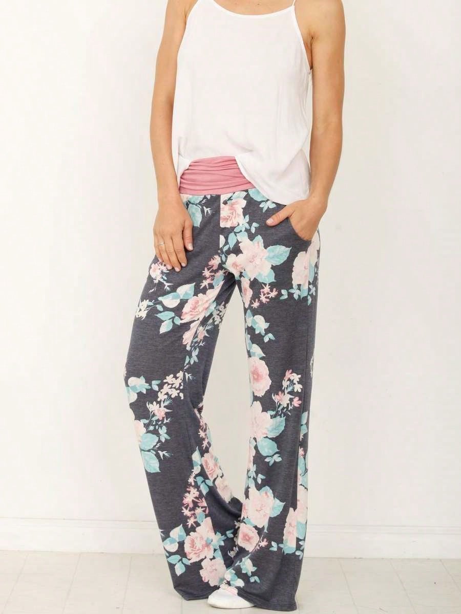 Floral Drawstring Fold Over Band Wide Leg Lounge Pants