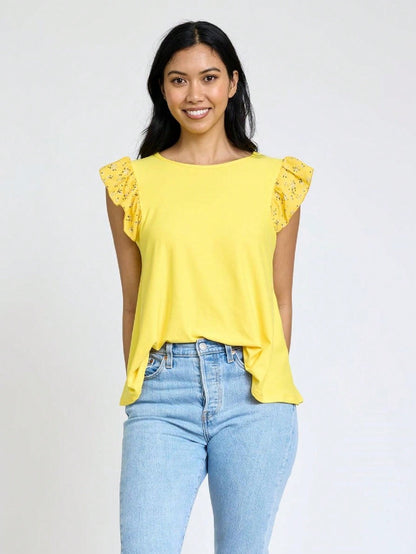 Contrast Ruffle Trim Floral  Flutter Cap Sleeve Top For Leggings Shorts And Jeans  | 7 Colors | S-3X