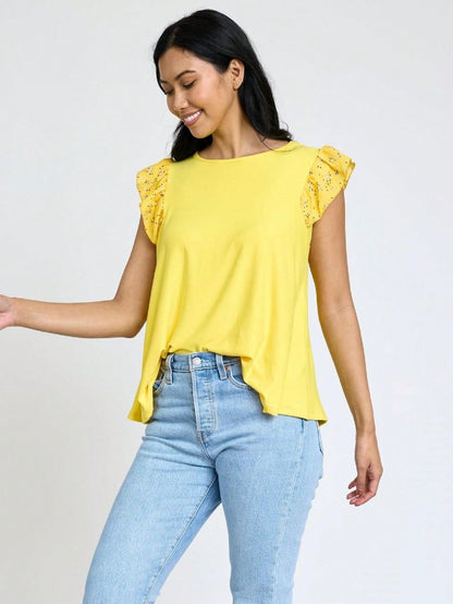 Contrast Ruffle Trim Floral  Flutter Cap Sleeve Top For Leggings Shorts And Jeans  | 7 Colors | S-3X