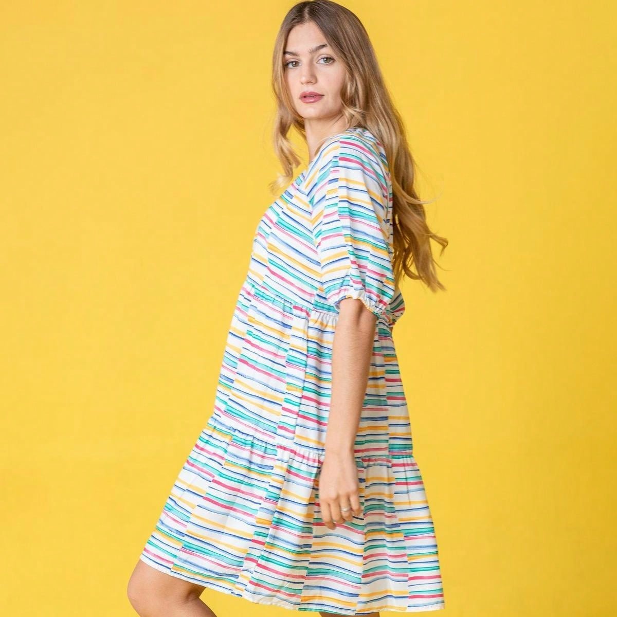 Brown Ditsy Floral Half Bishop Puff Sleeve Tiered Baby Doll Mini Dress Swing Southern Dress | S-3X