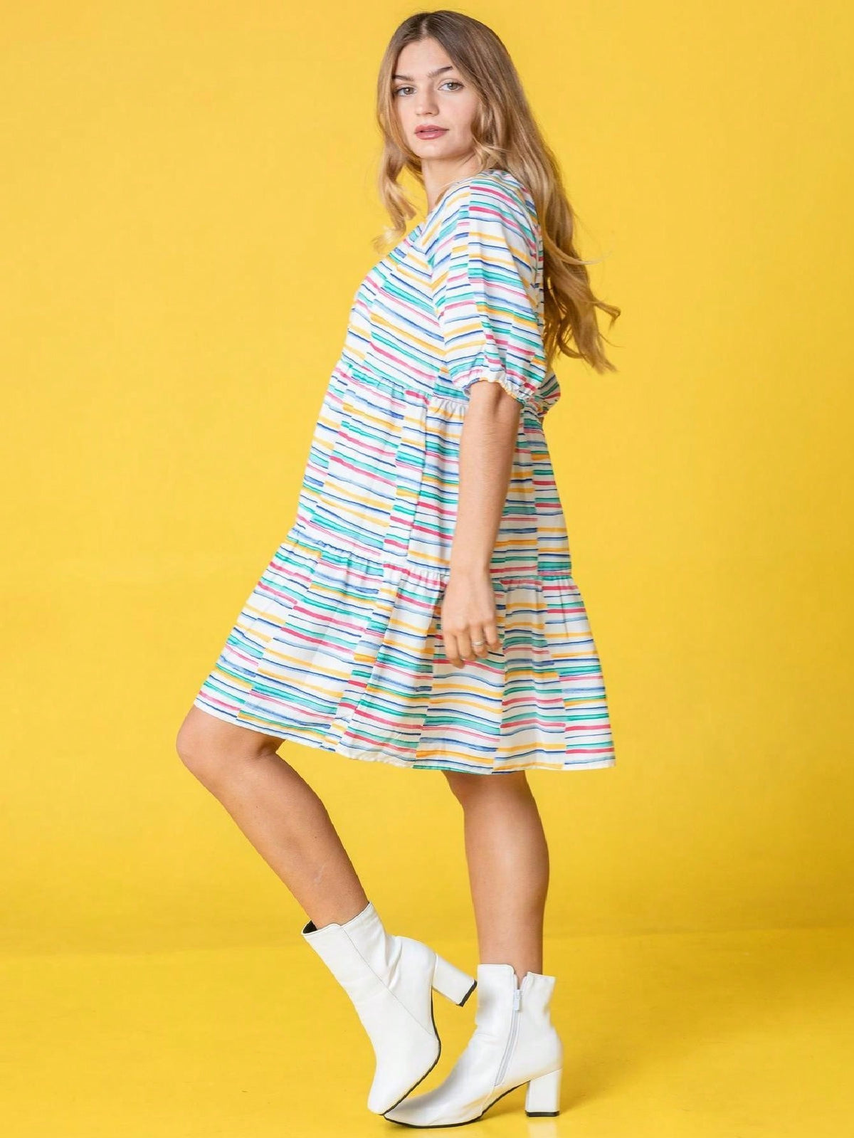 Brown Ditsy Floral Half Bishop Puff Sleeve Tiered Baby Doll Mini Dress Swing Southern Dress | S-3X