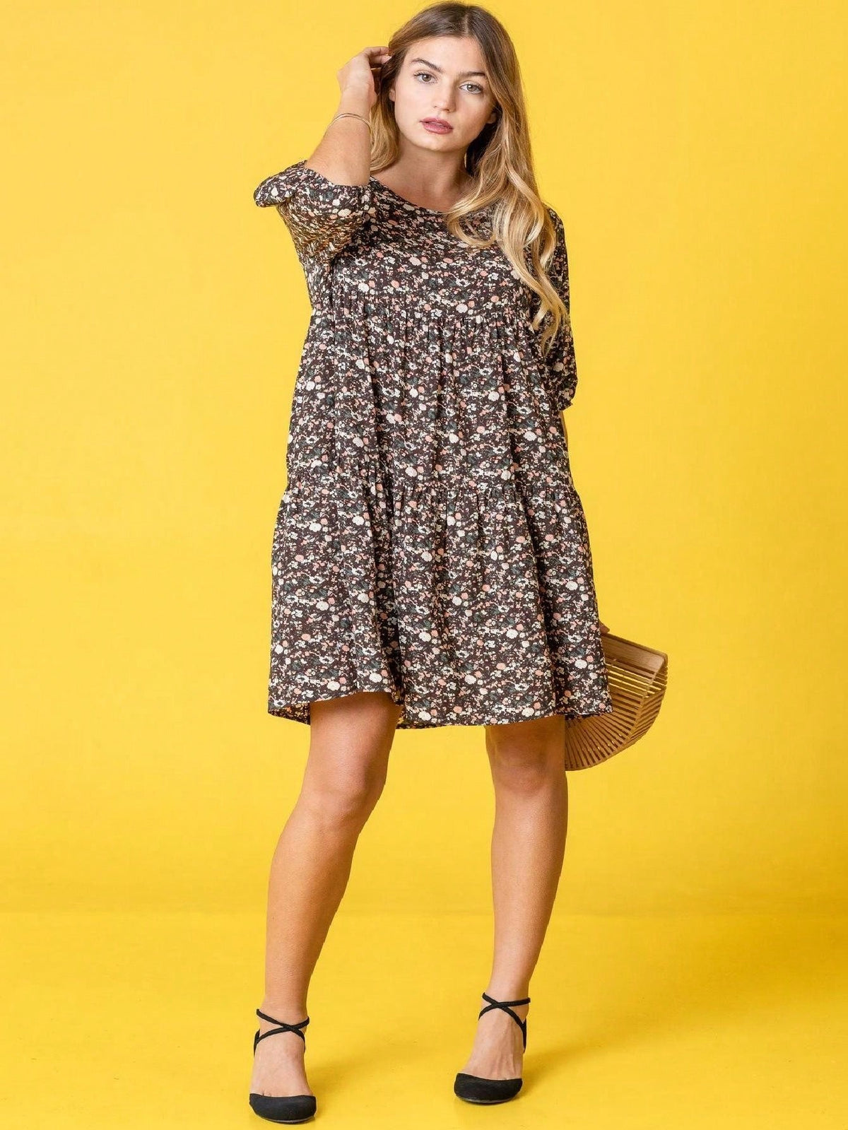 Brown Ditsy Floral Half Bishop Puff Sleeve Tiered Baby Doll Mini Dress Swing Southern Dress | S-3X