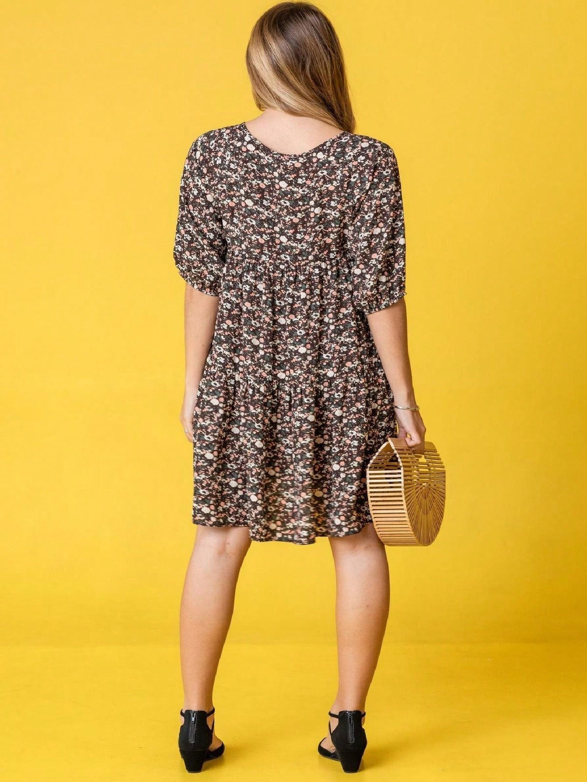 Brown Ditsy Floral Half Bishop Puff Sleeve Tiered Baby Doll Mini Dress Swing Southern Dress | S-3X