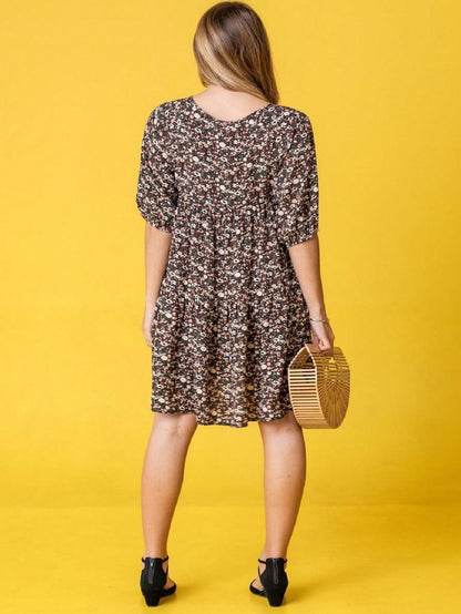 Brown Ditsy Floral Half Bishop Puff Sleeve Tiered Baby Doll Mini Dress Swing Southern Dress | S-3X