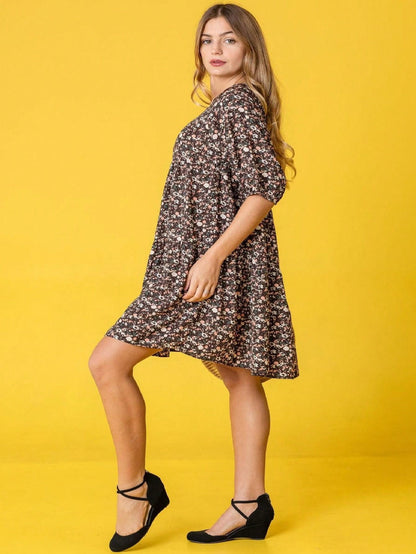 Brown Ditsy Floral Half Bishop Puff Sleeve Tiered Baby Doll Mini Dress Swing Southern Dress | S-3X