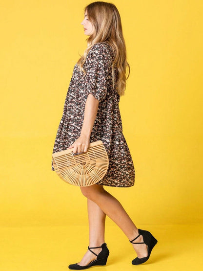 Brown Ditsy Floral Half Bishop Puff Sleeve Tiered Baby Doll Mini Dress Swing Southern Dress | S-3X