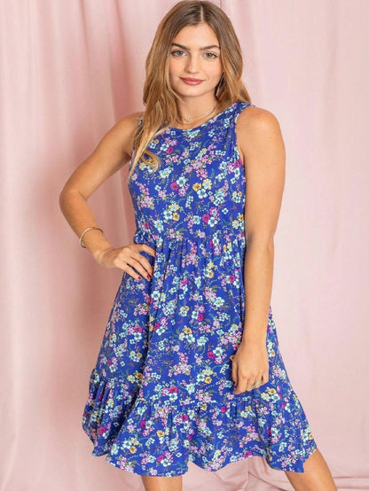 Boho Vintage Royal Navy Blue Tiered Ruffle Ditsy Floral Knee Classic Swing Southern Dress | Small-3 XL Plus