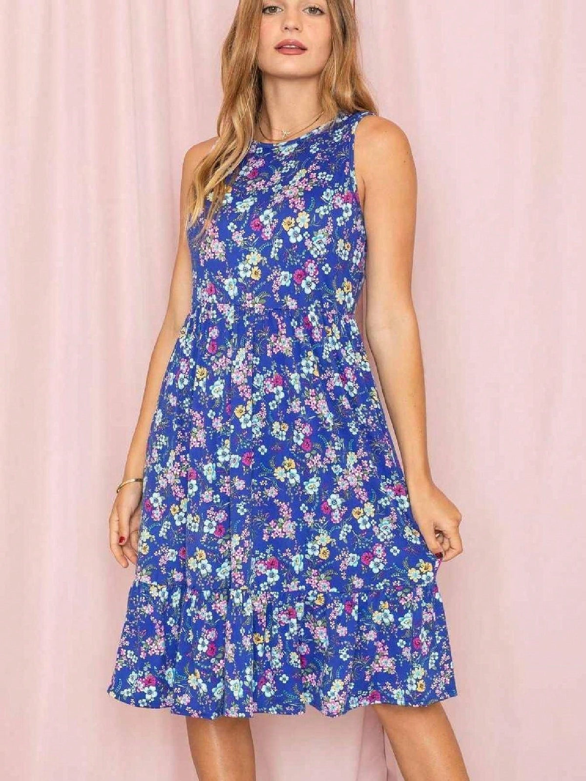 Boho Vintage Royal Navy Blue Tiered Ruffle Ditsy Floral Knee Classic Swing Southern Dress | Small-3 XL Plus
