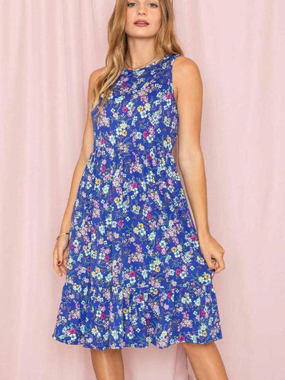 Boho Vintage Royal Navy Blue Tiered Ruffle Ditsy Floral Knee Classic Swing Southern Dress | Small-3 XL Plus