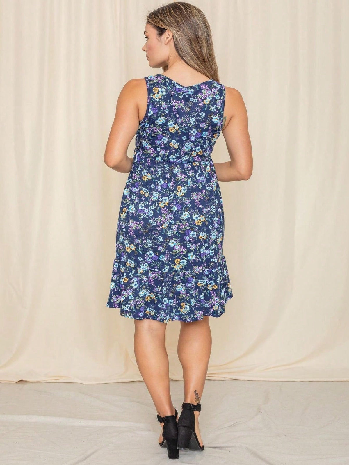 Boho Vintage Royal Navy Blue Tiered Ruffle Ditsy Floral Knee Classic Swing Southern Dress | Small-3 XL Plus