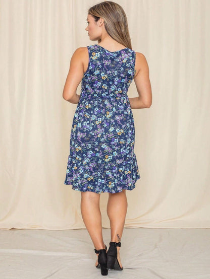 Boho Vintage Royal Navy Blue Tiered Ruffle Ditsy Floral Knee Classic Swing Southern Dress | Small-3 XL Plus