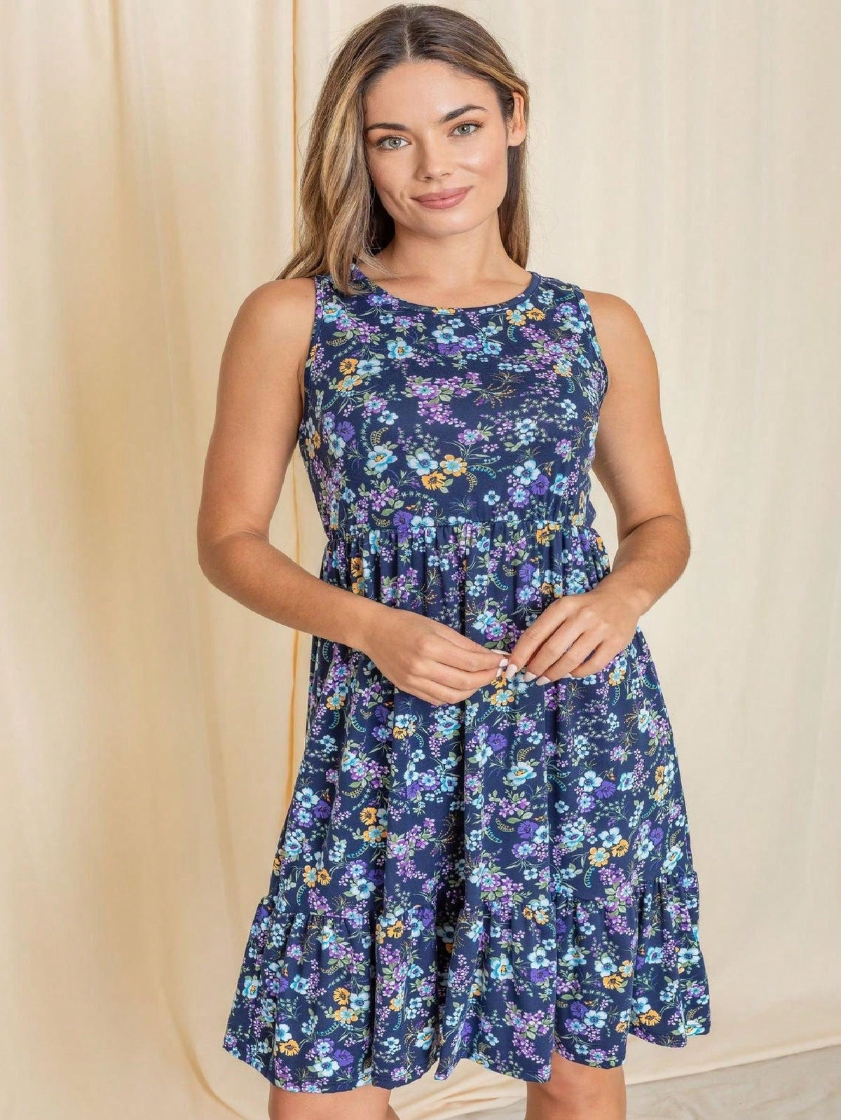 Boho Vintage Royal Navy Blue Tiered Ruffle Ditsy Floral Knee Classic Swing Southern Dress | Small-3 XL Plus