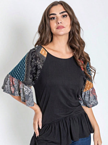Boho Vintage Black  Charcoal Quilted PatchWork Pattern Raglan Ruffle Flare Sleeve Tunic Blouse Top Small To 3XL Plus