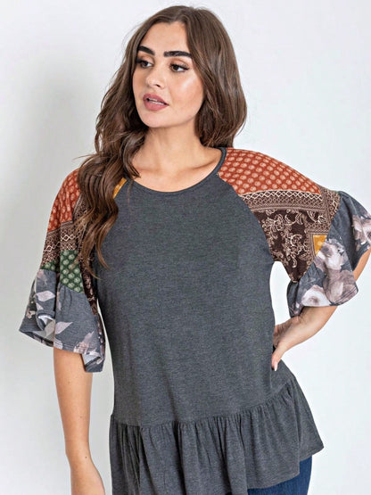 Boho Vintage Black  Charcoal Quilted PatchWork Pattern Raglan Ruffle Flare Sleeve Tunic Blouse Top Small To 3XL Plus