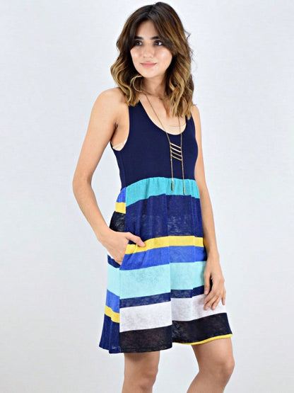 Boho Vintage Chevron Stripe Pink Yellow Navy Sleeveless Mini Poolside Cover Up Dress Small To 3 XL Plus