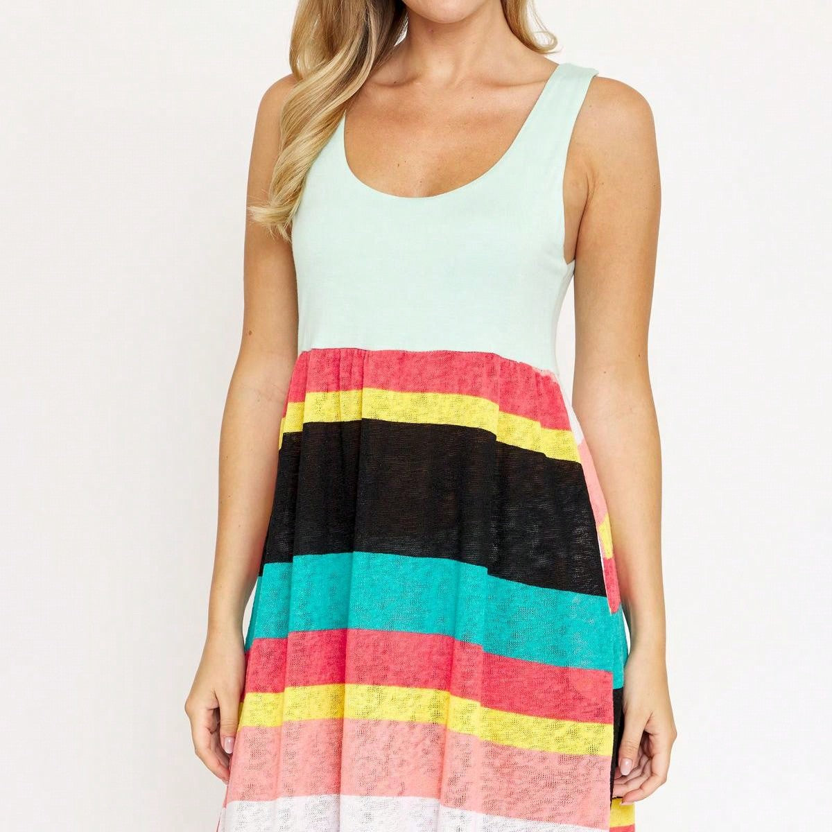 Boho Vintage Chevron Stripe Pink Yellow Navy Sleeveless Mini Poolside Cover Up Dress Small To 3 XL Plus