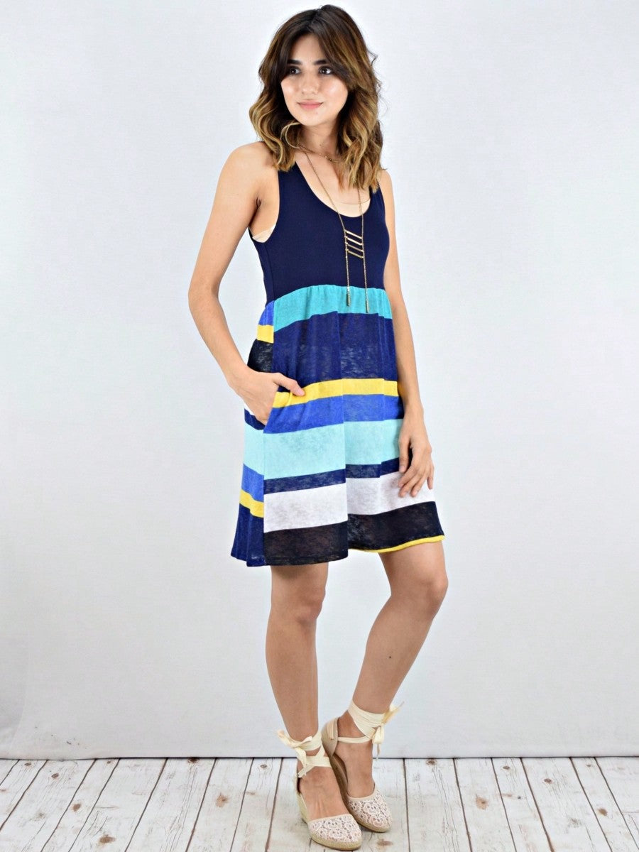 Boho Vintage Chevron Stripe Pink Yellow Navy Sleeveless Mini Poolside Cover Up Dress Small To 3 XL Plus