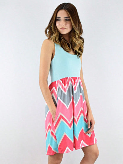 Boho Vintage Chevron Stripe Pink Yellow Navy Sleeveless Mini Poolside Cover Up Dress Small To 3 XL Plus