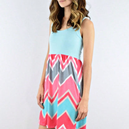 Boho Vintage Chevron Stripe Pink Yellow Navy Sleeveless Mini Poolside Cover Up Dress Small To 3 XL Plus