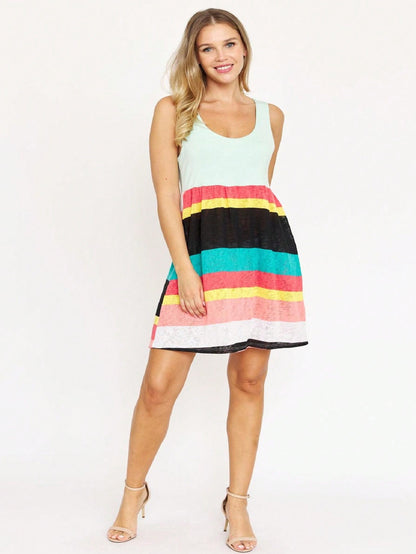 Boho Vintage Chevron Stripe Pink Yellow Navy Sleeveless Mini Poolside Cover Up Dress Small To 3 XL Plus