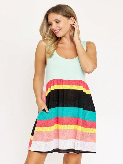 Boho Vintage Chevron Stripe Pink Yellow Navy Sleeveless Mini Poolside Cover Up Dress Small To 3 XL Plus