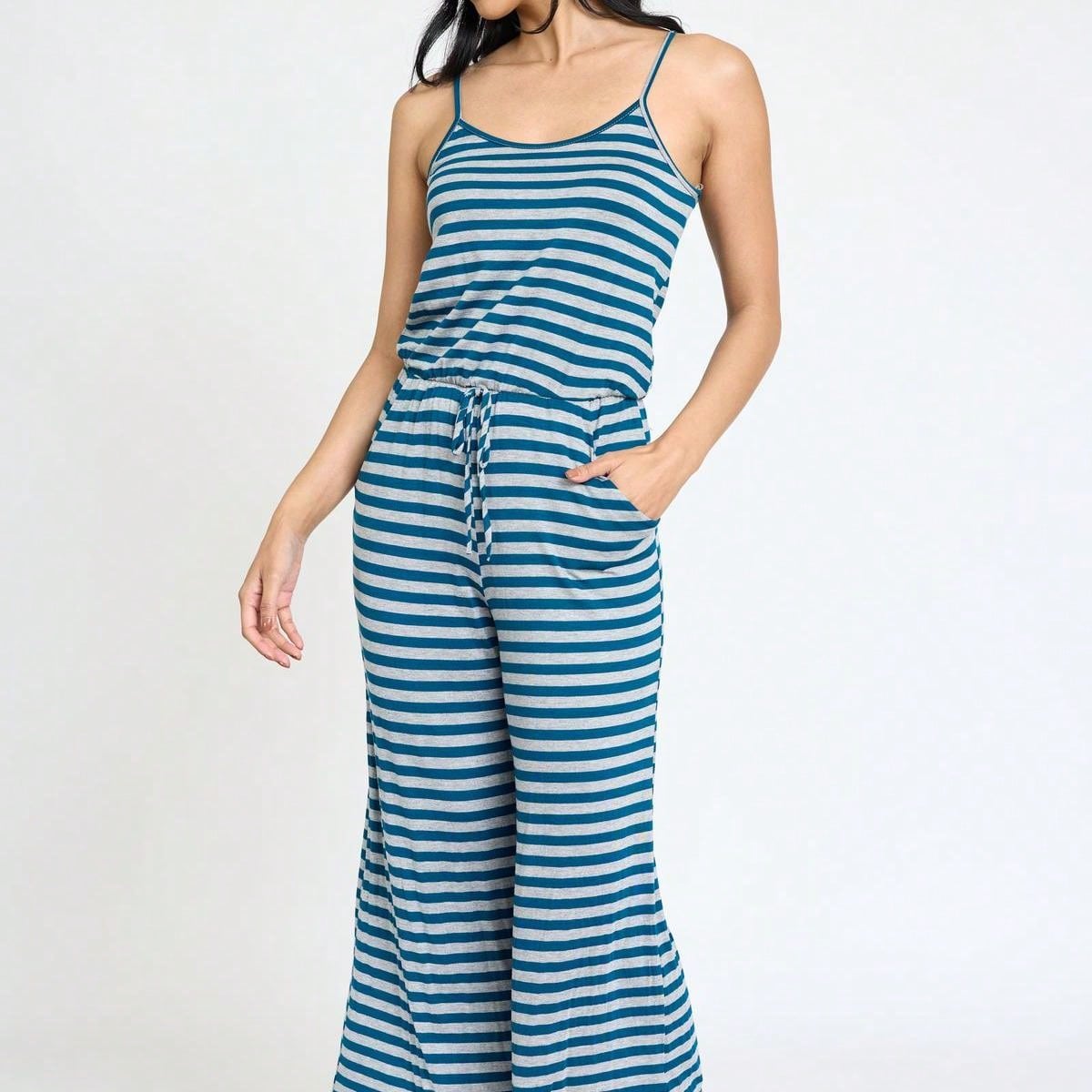 Boho Casual Teal Navy Blue Stripe Tank Cami Spaghetti Strap Wide Leg Jumpsuit Small To 3 XL PLUS