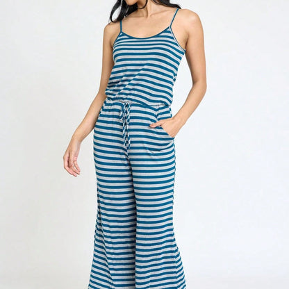 Boho Casual Teal Navy Blue Stripe Tank Cami Spaghetti Strap Wide Leg Jumpsuit Small To 3 XL PLUS