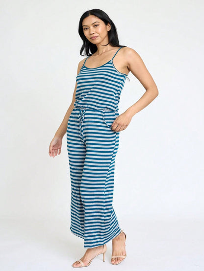 Boho Casual Teal Navy Blue Stripe Tank Cami Spaghetti Strap Wide Leg Jumpsuit Small To 3 XL PLUS