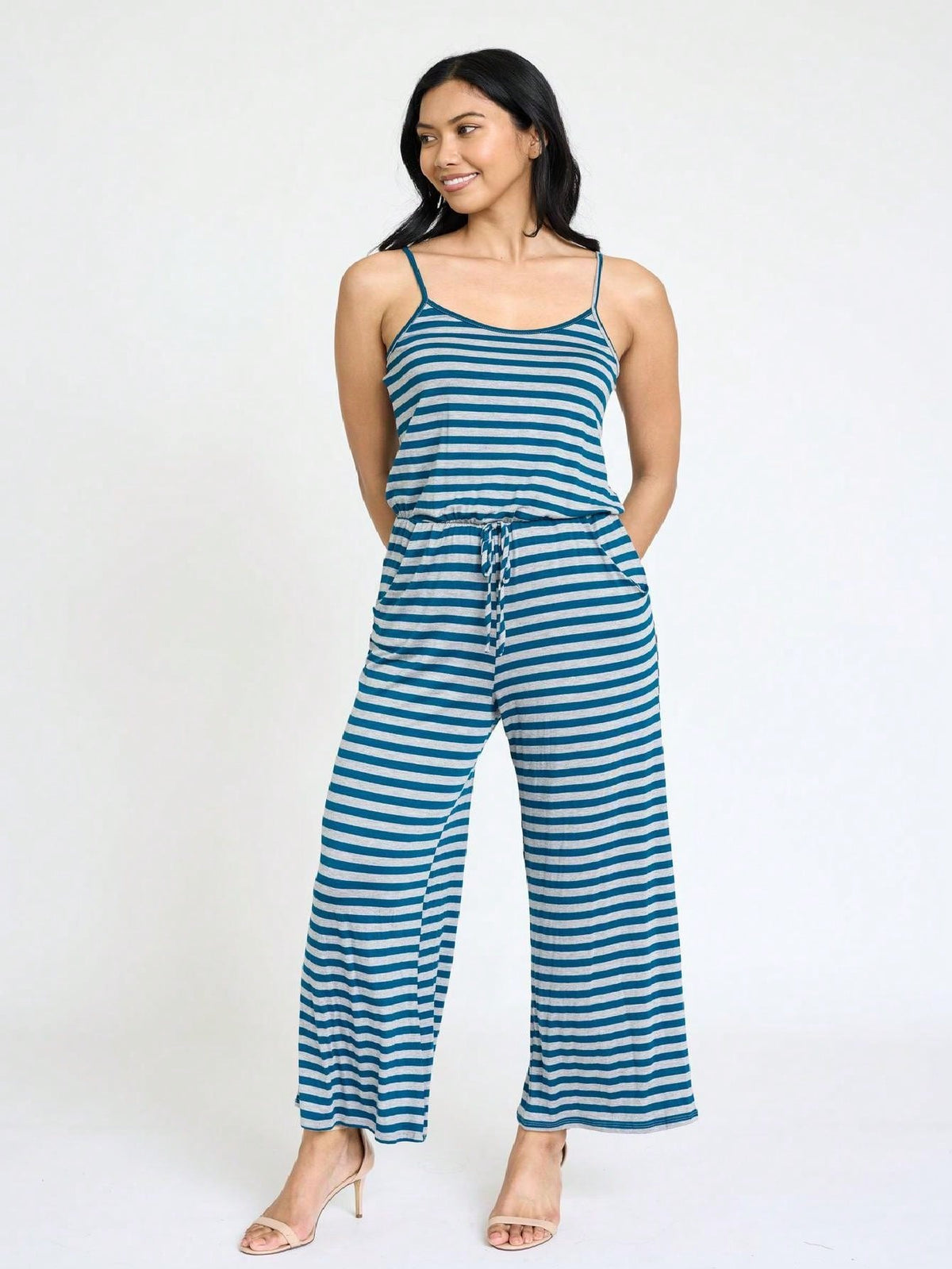 Boho Casual Teal Navy Blue Stripe Tank Cami Spaghetti Strap Wide Leg Jumpsuit Small To 3 XL PLUS