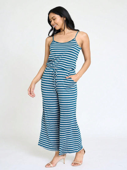 Boho Casual Teal Navy Blue Stripe Tank Cami Spaghetti Strap Wide Leg Jumpsuit Small To 3 XL PLUS