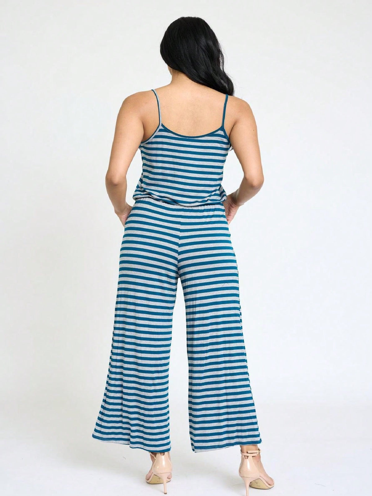 Boho Casual Teal Navy Blue Stripe Tank Cami Spaghetti Strap Wide Leg Jumpsuit Small To 3 XL PLUS