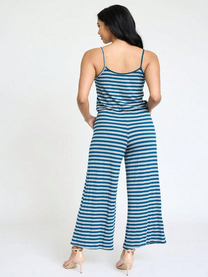 Boho Casual Teal Navy Blue Stripe Tank Cami Spaghetti Strap Wide Leg Jumpsuit Small To 3 XL PLUS