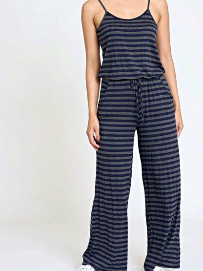Boho Casual Teal Navy Blue Stripe Tank Cami Spaghetti Strap Wide Leg Jumpsuit Small To 3 XL PLUS