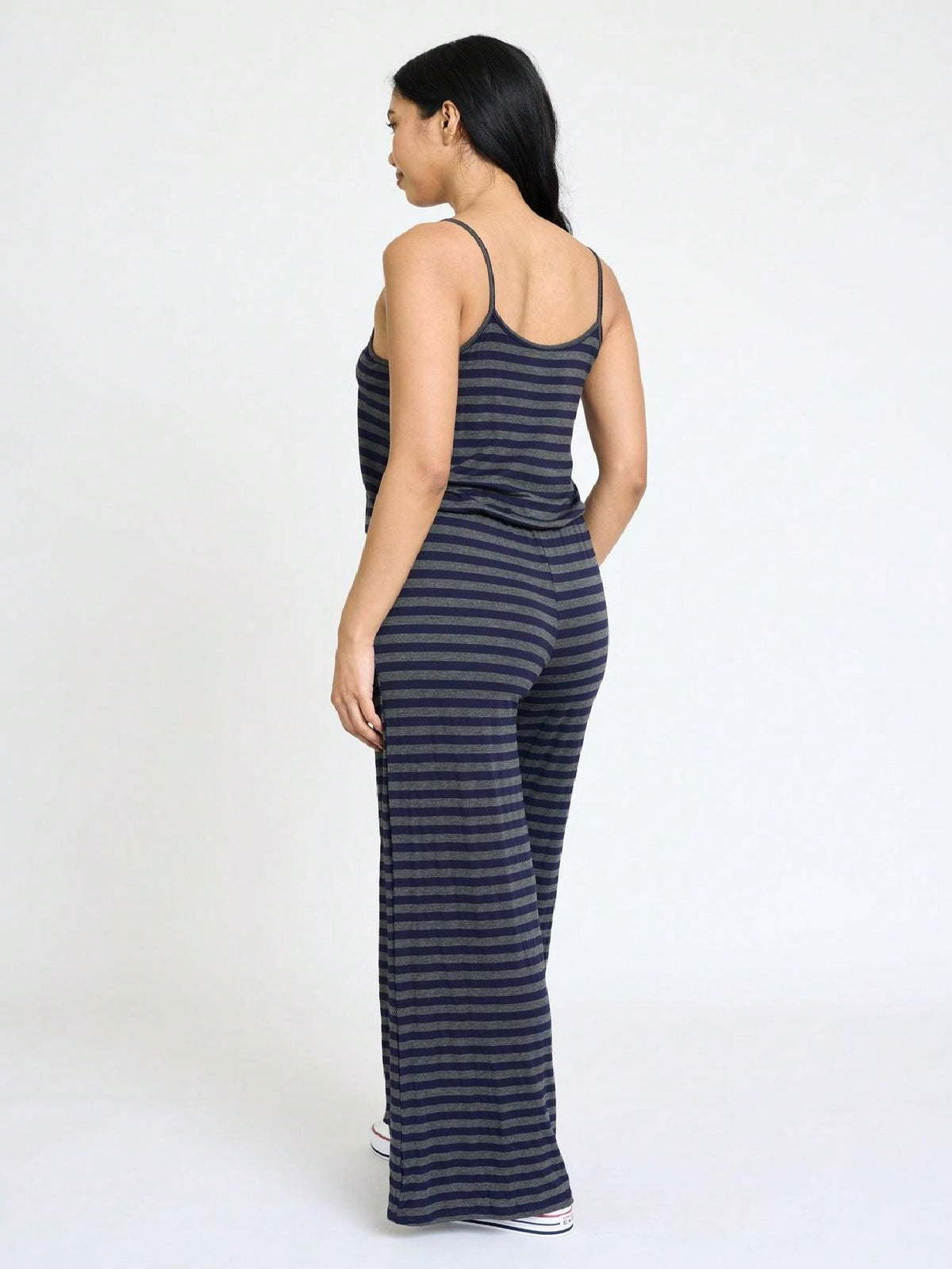 Boho Casual Teal Navy Blue Stripe Tank Cami Spaghetti Strap Wide Leg Jumpsuit Small To 3 XL PLUS