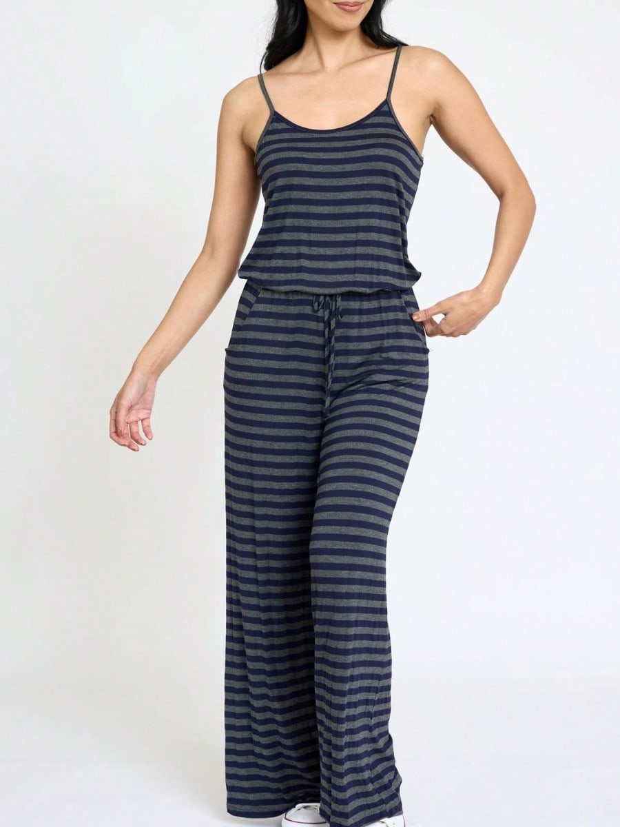 Boho Casual Teal Navy Blue Stripe Tank Cami Spaghetti Strap Wide Leg Jumpsuit Small To 3 XL PLUS