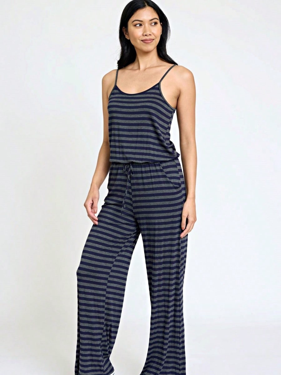 Boho Casual Teal Navy Blue Stripe Tank Cami Spaghetti Strap Wide Leg Jumpsuit Small To 3 XL PLUS