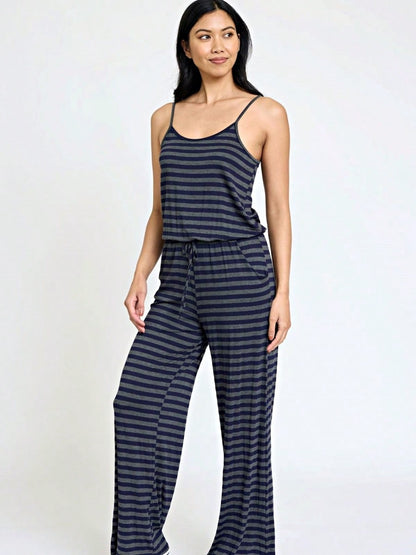 Boho Casual Teal Navy Blue Stripe Tank Cami Spaghetti Strap Wide Leg Jumpsuit Small To 3 XL PLUS