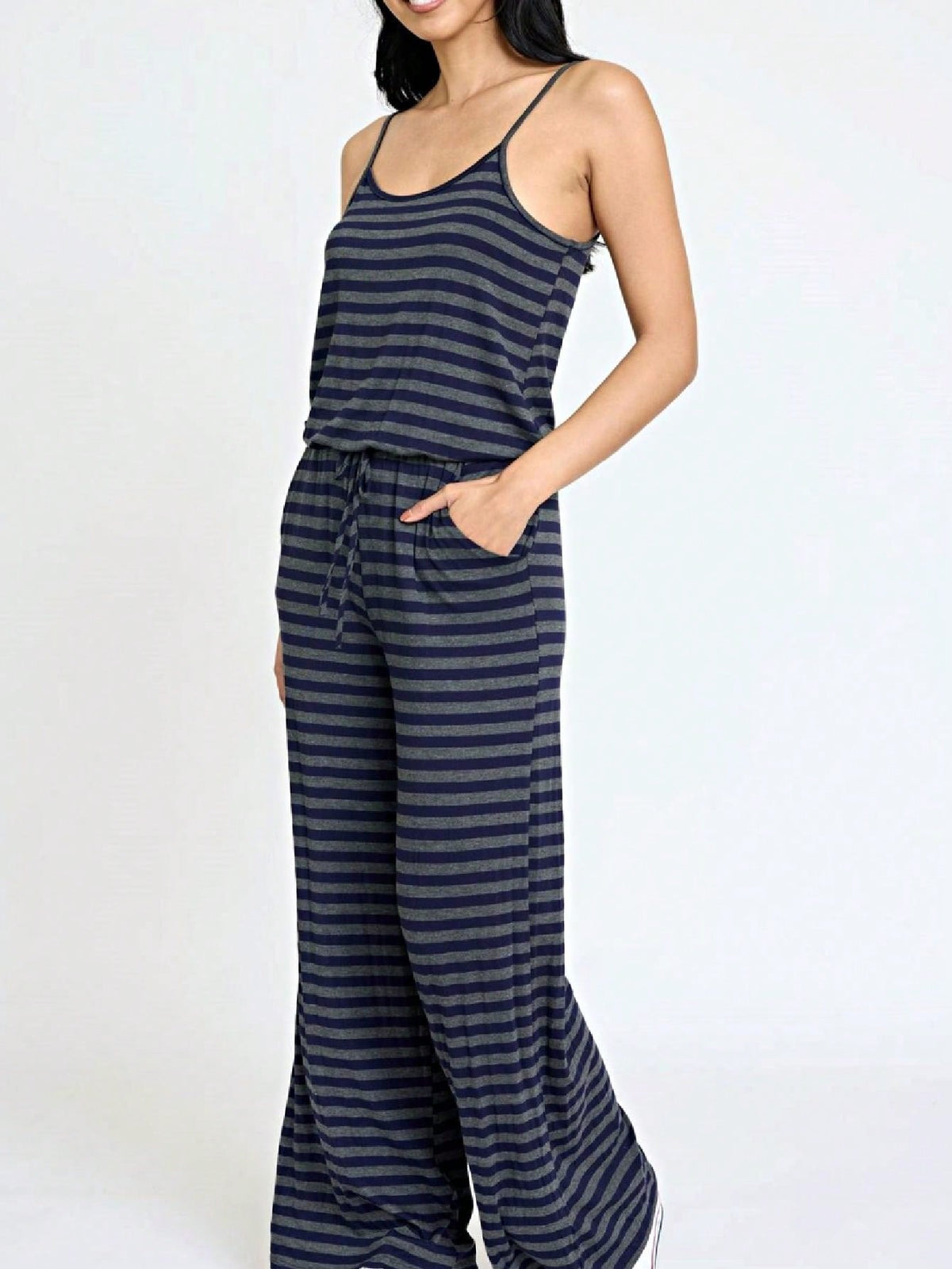 Boho Casual Teal Navy Blue Stripe Tank Cami Spaghetti Strap Wide Leg Jumpsuit Small To 3 XL PLUS