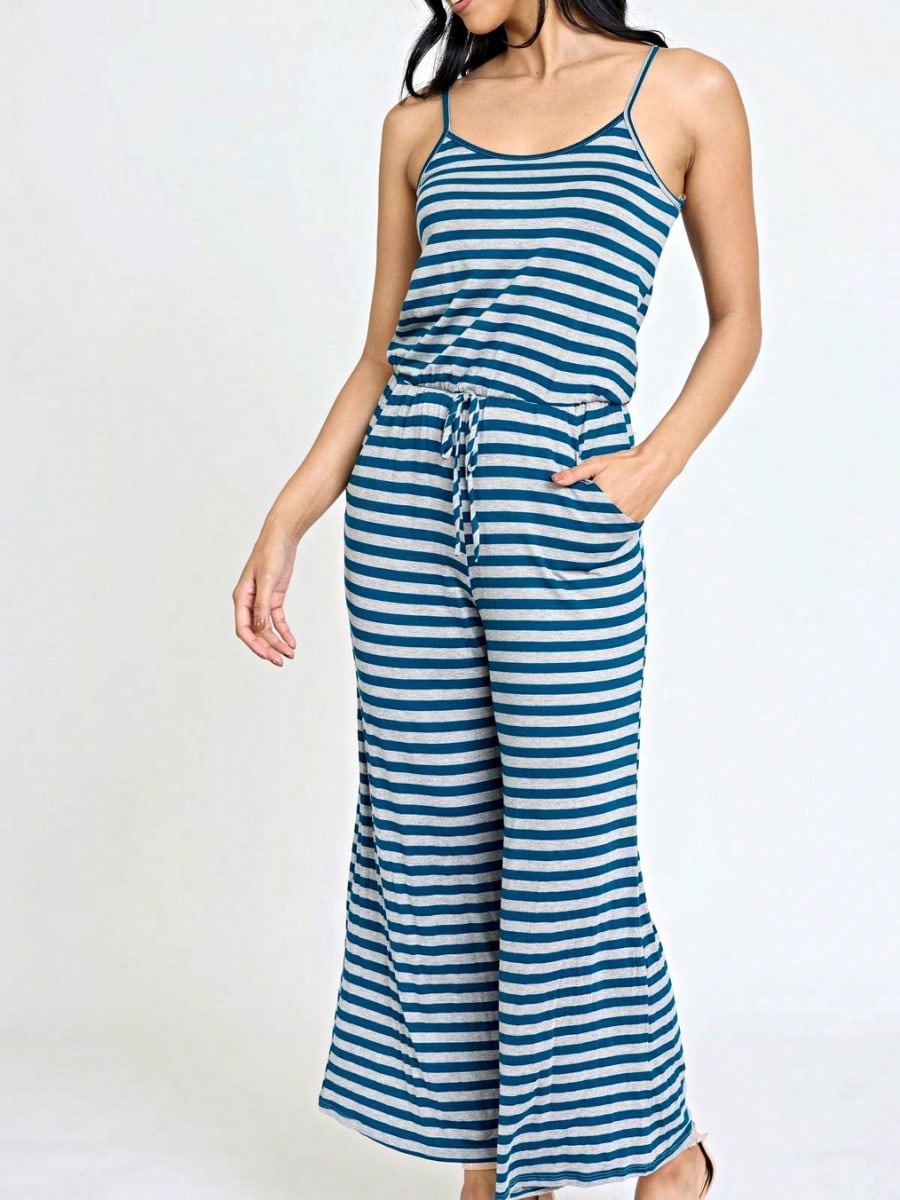Boho Casual Teal Navy Blue Stripe Tank Cami Spaghetti Strap Wide Leg Jumpsuit Small To 3 XL PLUS