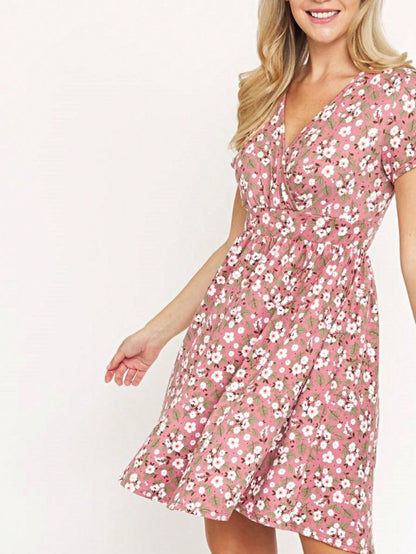 Boho Retro Sage Navy Pink Black Ditsy Floral Surplice Deep V Neck Band Waist Shirring Soft Swing Dress Small To 3 XL Plus