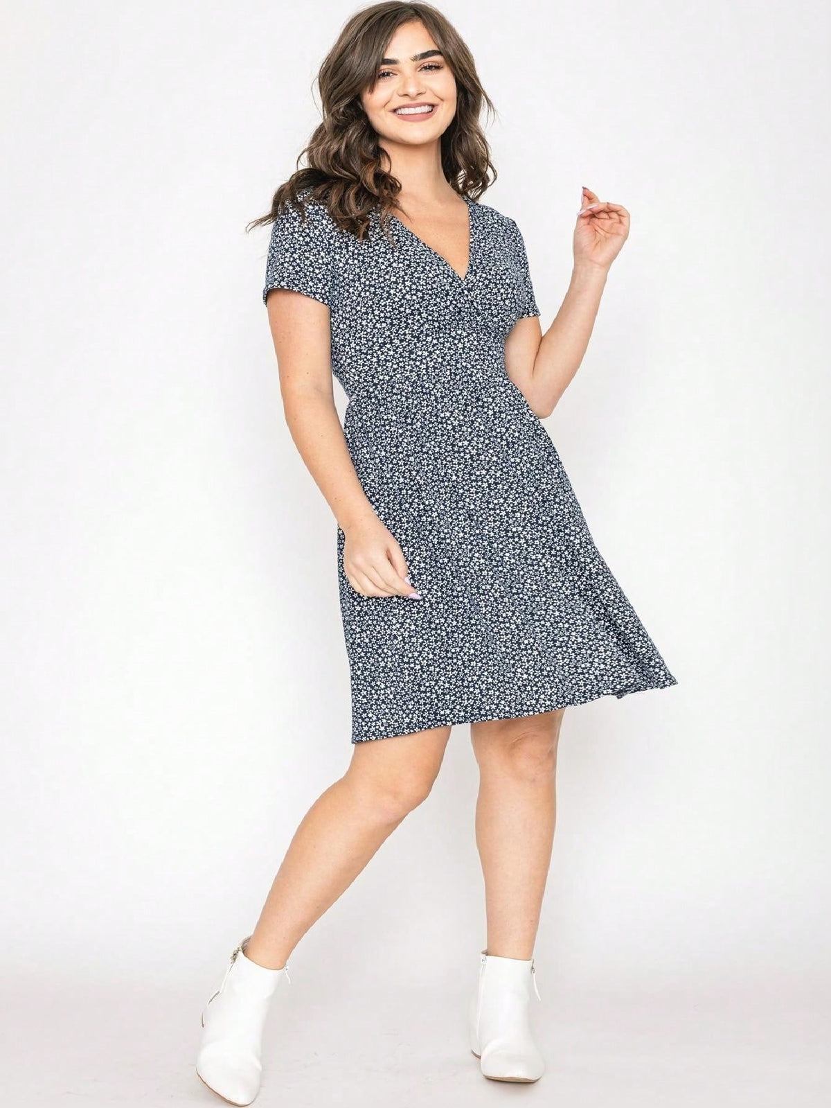 Boho Retro Sage Navy Pink Black Ditsy Floral Surplice Deep V Neck Band Waist Shirring Soft Swing Dress Small To 3 XL Plus