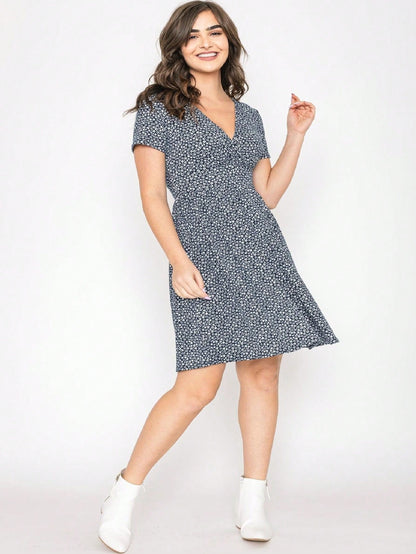 Boho Retro Sage Navy Pink Black Ditsy Floral Surplice Deep V Neck Band Waist Shirring Soft Swing Dress Small To 3 XL Plus