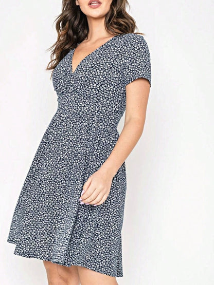 Boho Retro Sage Navy Pink Black Ditsy Floral Surplice Deep V Neck Band Waist Shirring Soft Swing Dress Small To 3 XL Plus