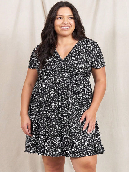 Boho Retro Sage Navy Pink Black Ditsy Floral Surplice Deep V Neck Band Waist Shirring Soft Swing Dress Small To 3 XL Plus