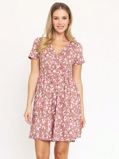 Boho Retro Sage Navy Pink Black Ditsy Floral Surplice Deep V Neck Band Waist Shirring Soft Swing Dress Small To 3 XL Plus