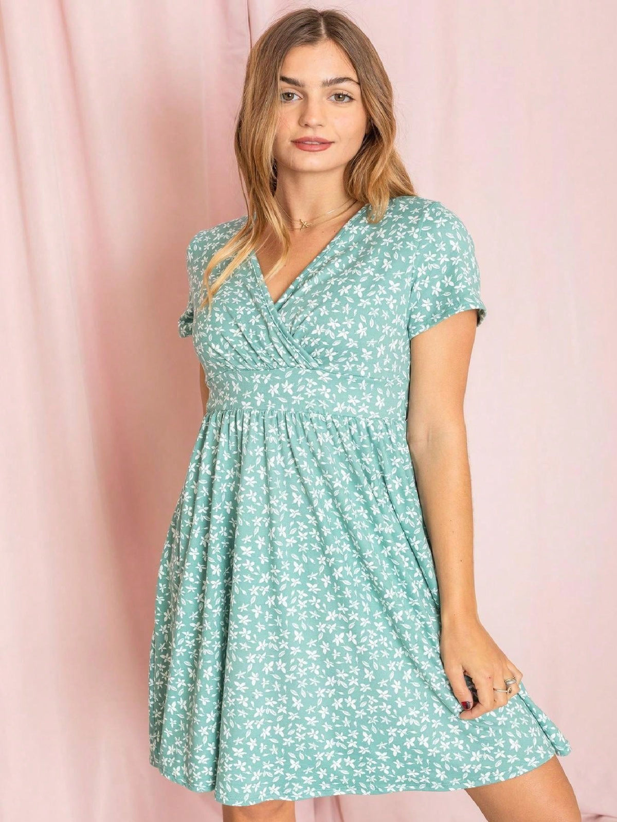Boho Retro Sage Navy Pink Black Ditsy Floral Surplice Deep V Neck Band Waist Shirring Soft Swing Dress Small To 3 XL Plus