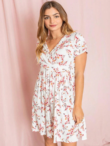Boho Retro Sage Navy Pink Black Ditsy Floral Surplice Deep V Neck Band Waist Shirring Soft Swing Dress Small To 3 XL Plus