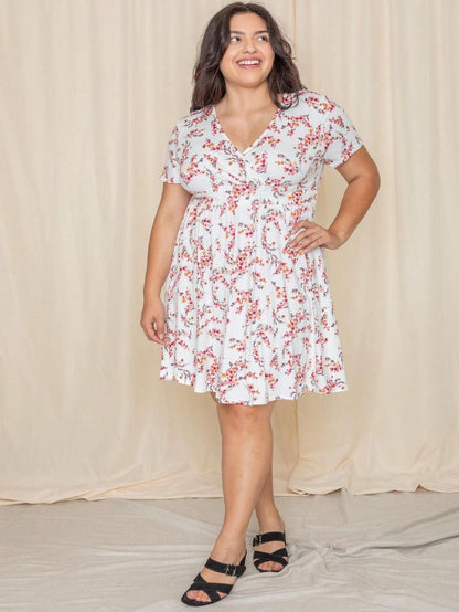 Boho Retro Sage Navy Pink Black Ditsy Floral Surplice Deep V Neck Band Waist Shirring Soft Swing Dress Small To 3 XL Plus