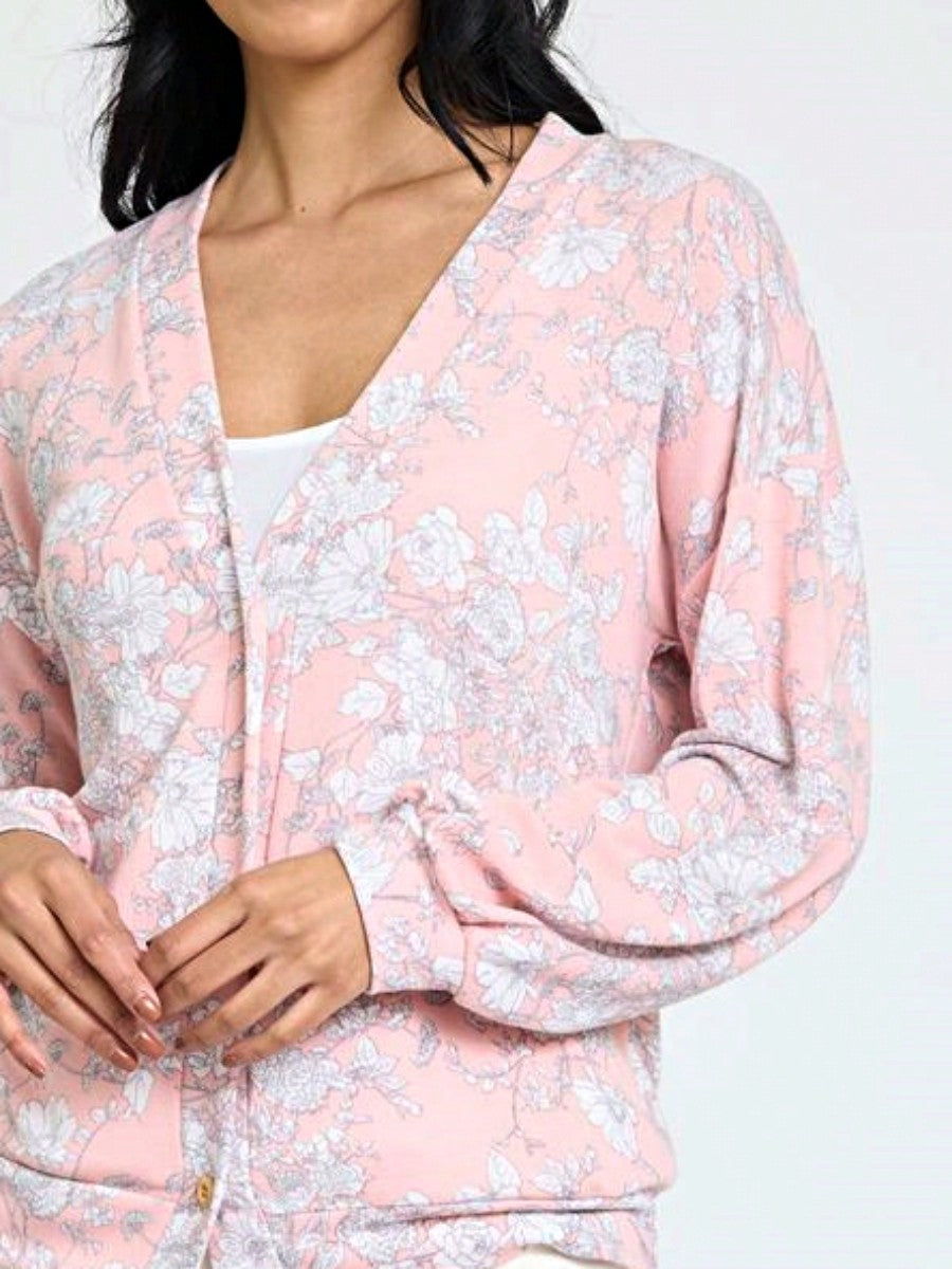 Boho Retro Peach Khaki Beige Floral Button  Puff Drop Shoulder Light Weight Terry Cardigan Small To 3 XL PLUS