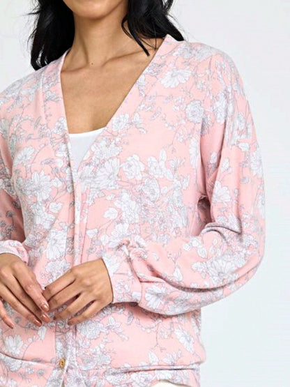 Boho Retro Peach Khaki Beige Floral Button  Puff Drop Shoulder Light Weight Terry Cardigan Small To 3 XL PLUS